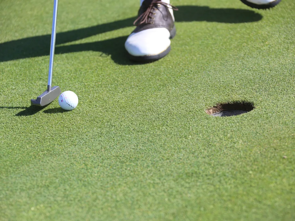 A golfer putting on a manicured green beside the flag