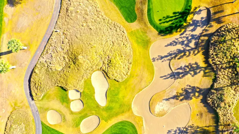 Aerial view of a desert golf course in La Quinta, California